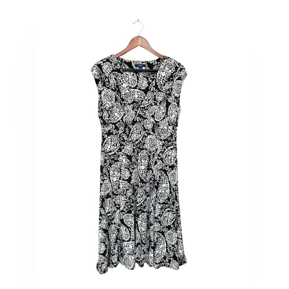 Chaps Women’s Black Paisley V Neck A Line Stretch Dress Size Large - Picture 1 of 7